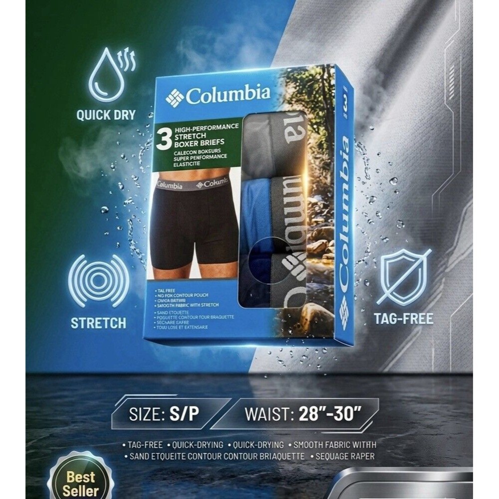 Columbia Mens 3 Pack High Performance Stretch Boxer Briefs Multicolor S New